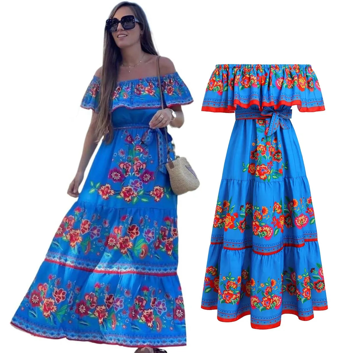 Vestido mexicano tradicional étnico mexicano del Cinco de Mayo con estampado floral de verano y hombros descubiertos para mujer