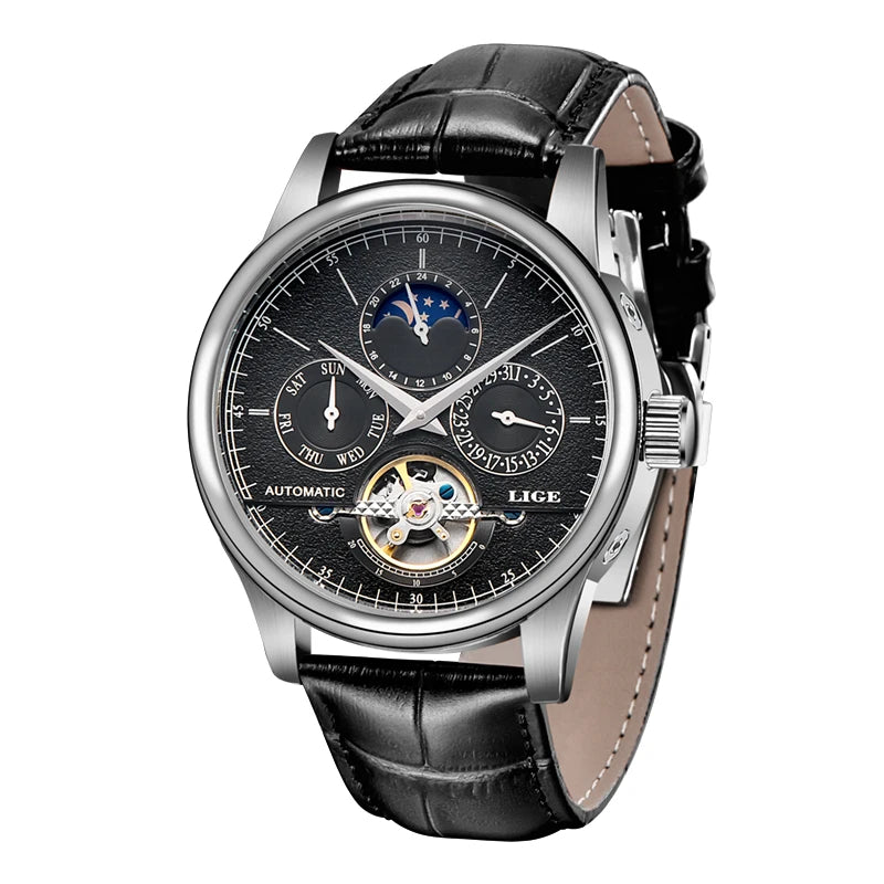 LIGE Relojes para hombre Reloj mecánico automático Reloj Tourbillon Piel auténtica Reloj impermeable Reloj de pulsera militar para hombre