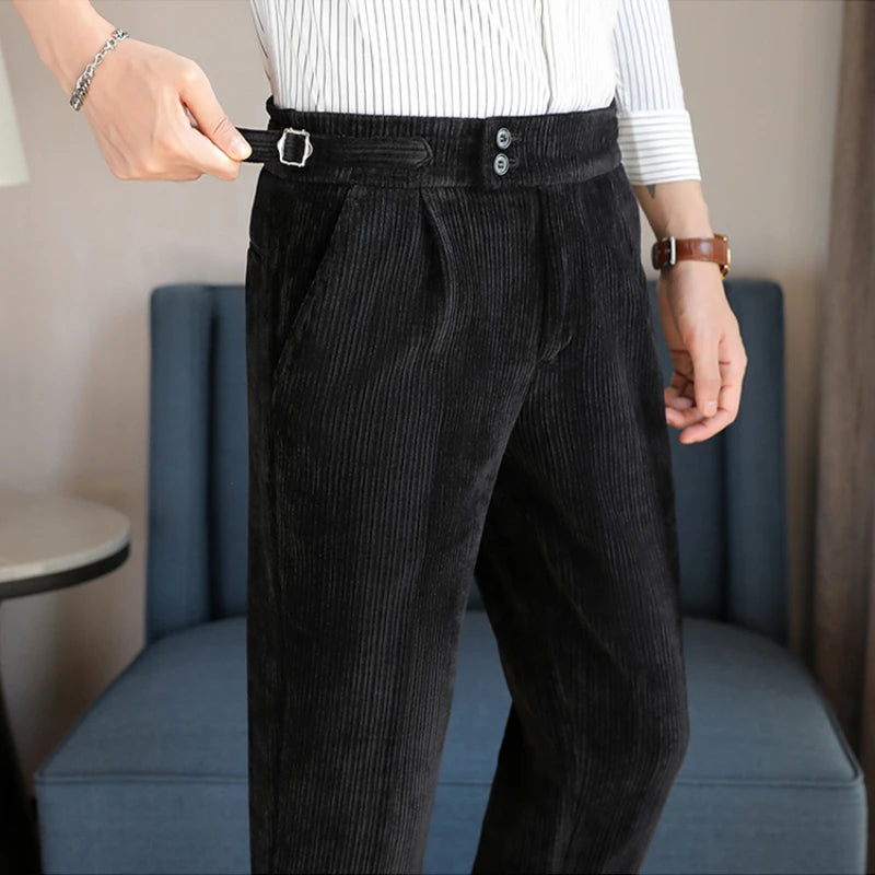 Nuevo pantalón informal de cintura alta de felpilla napolitana de lujo ligero para hombres, pantalón de vestir para hombres de ajuste delgado con sensación premium, pantalón