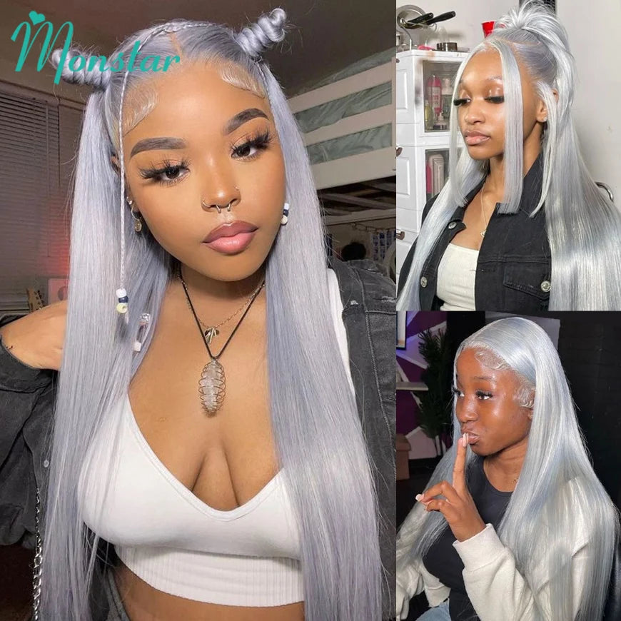 Silver Grey Straight Wigs Human Hair Brazilian 13x6 HD Lace Frontal Colored 613 Wigs Pre Plucked With Baby Hairline 200% Density