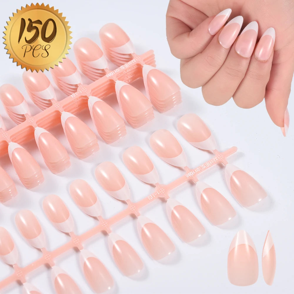 150/100/24Pcs Pink Matte French Press On Nail Tips Soft Full Cover Fake Nails Oval Almond False Nails Natural Extension Manicure
