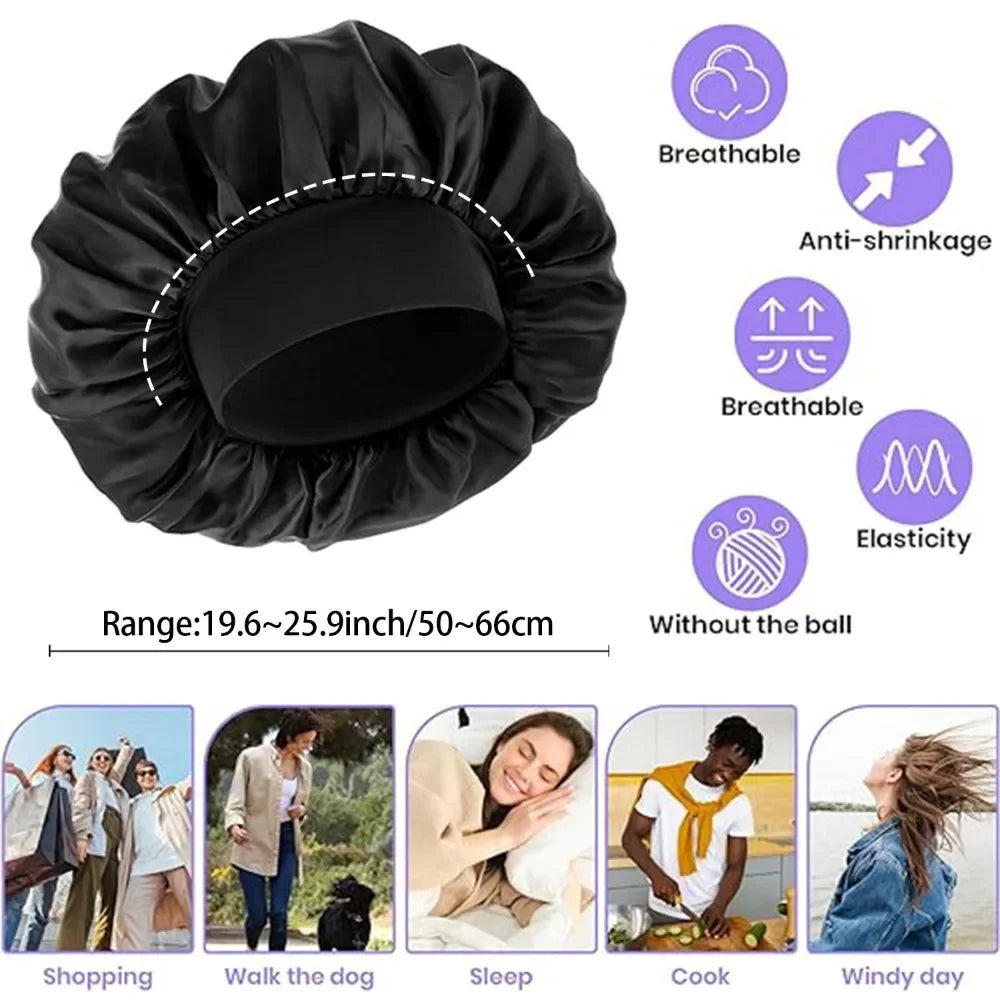 Fashion Bonnet Large Wide Edge Elastic Hat Casual Sports Silk Smooth Suitable for Curled Straight Hair Sleeping Hat Women's men