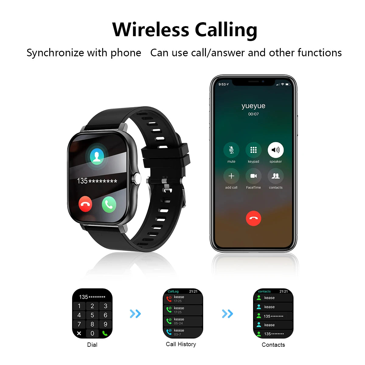 Reloj inteligente con llamadas/marcador inalámbrico, modo deportivo, recordatorio y rechazo de llamadas, monitoreo de estado físico para iPhone/Android
