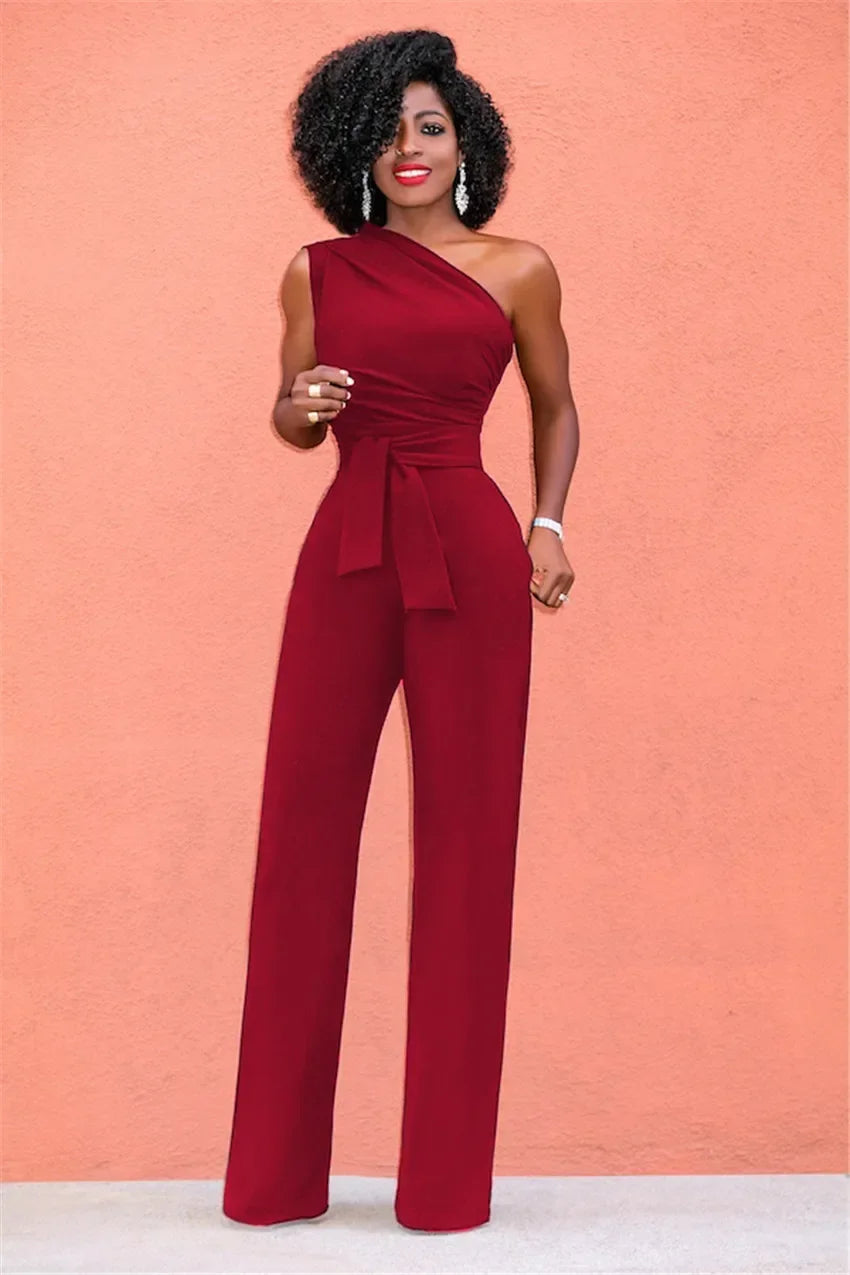 Damejumpsuit Ensfarget Skjev Krage Avskåret Topp Rette Bukser Belte Sexy Ermeløs Løse Bukser Elegant Sjarmerende Playsuits