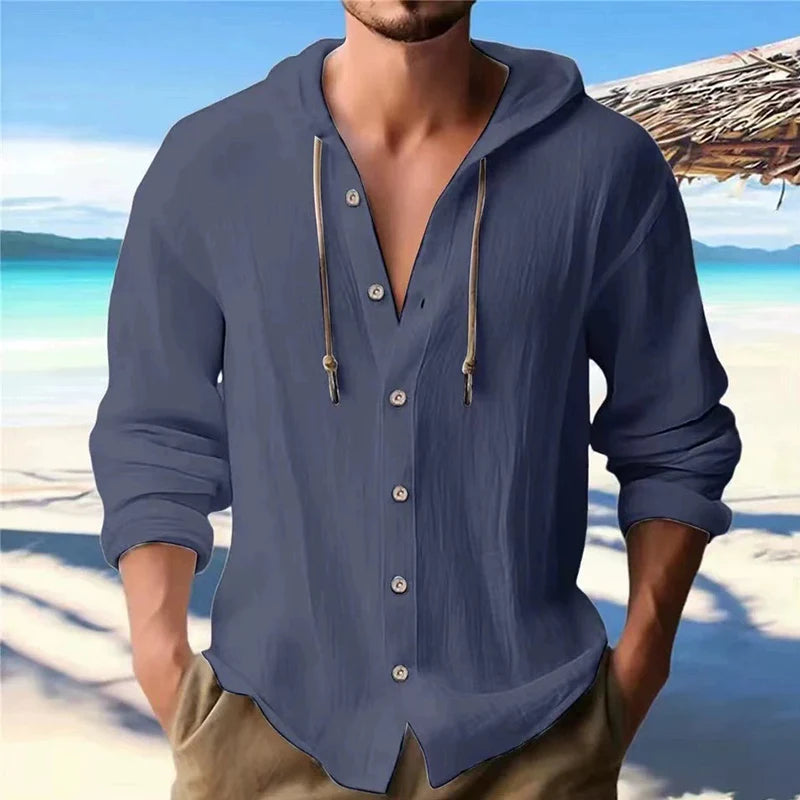 Camisa de Lino para Hombre Lisa Estilo Urbano Manga Larga Sudadera con Capucha Cárdigan Ropa para Hombre Camisas con Botones Casual Holgado con Capucha