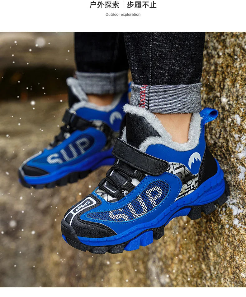 Winter Plus Velvet Hiking Shoes For Kids Non-slip Platform High Top Sports Shoes Boys Outdoor Warm Plush Children's Sneakers