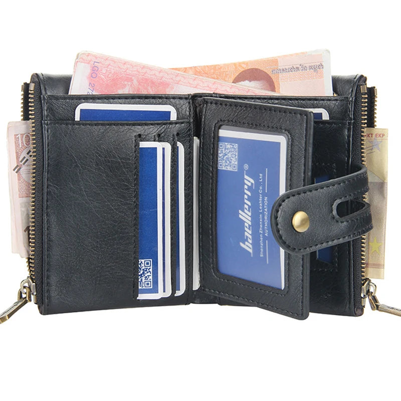 Billetera de lujo de piel sintética para hombre - Tarjetero con diseño de cadena corta, Monedero retro clásico (marca de alta calidad)