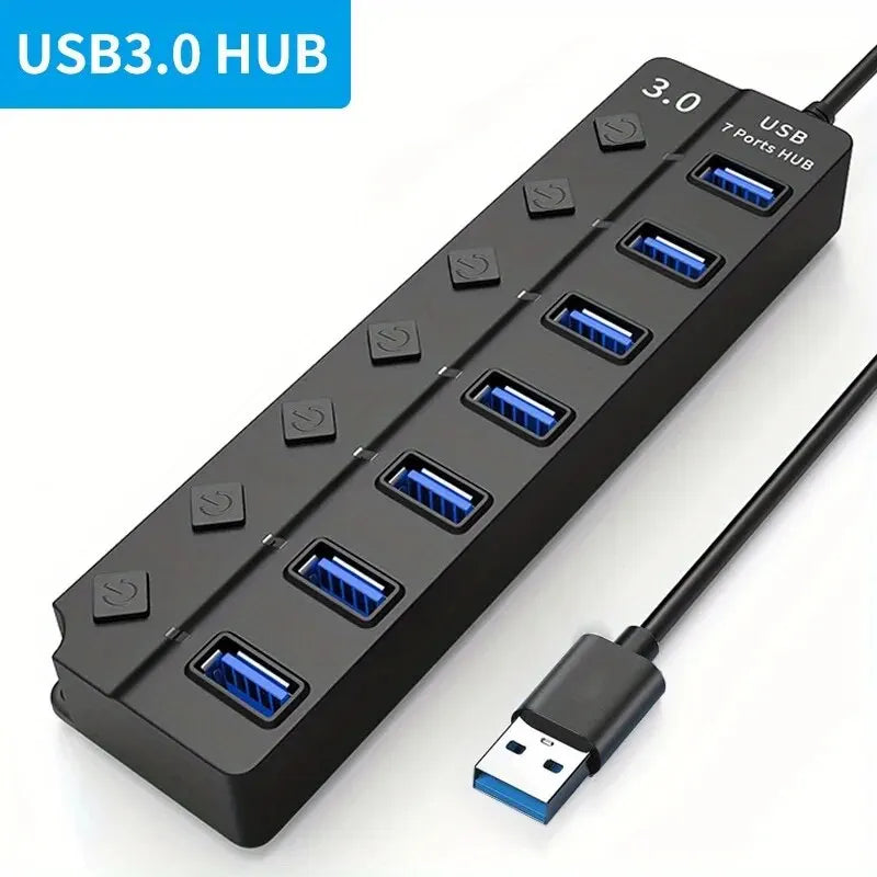 Concentrador USB 3.0 de 4/7 puertos con indicador LED, control de interruptor independiente para laptop, unidad flash, disco duro, impresora, cámara, teclado