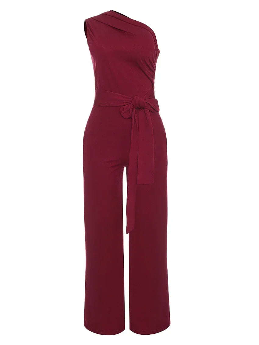 Damejumpsuit Ensfarget Skjev Krage Avskåret Topp Rette Bukser Belte Sexy Ermeløs Løse Bukser Elegant Sjarmerende Playsuits