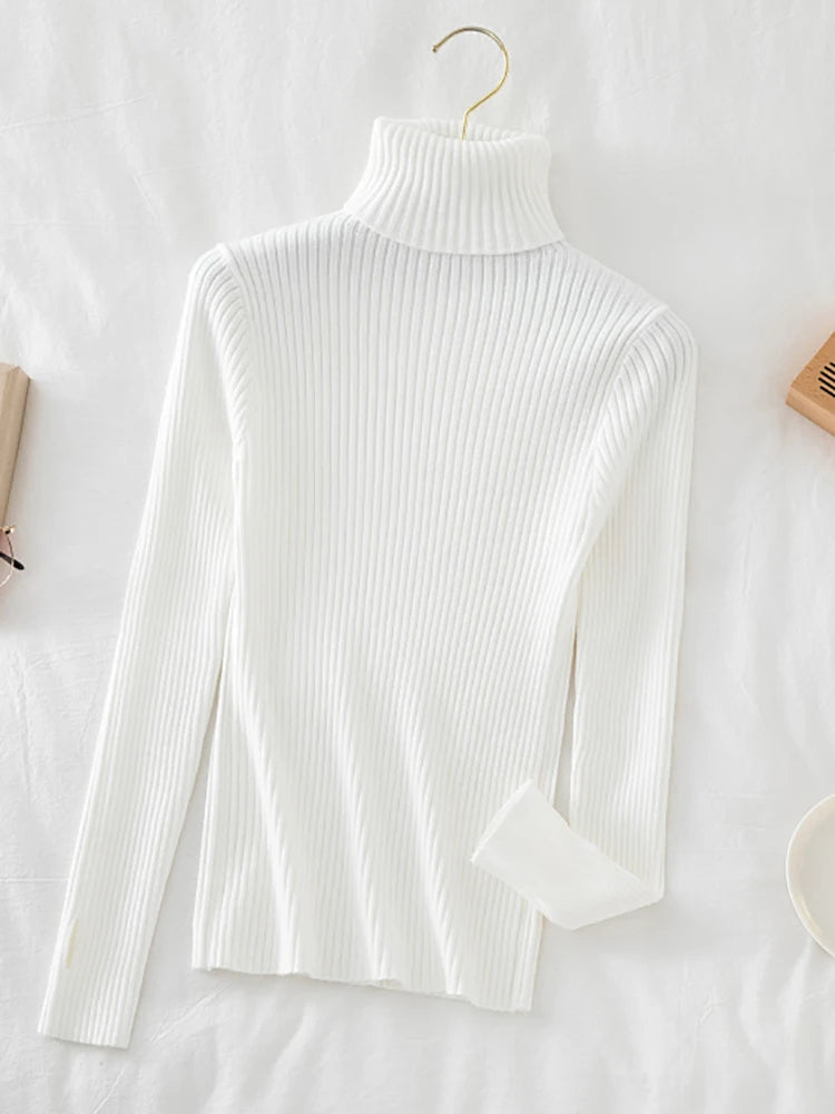 Varm, tykk høst-vintergenser til dame, enkel, ribbet bomullstopp, strikket, ensfarget polotrøye med tommelhull