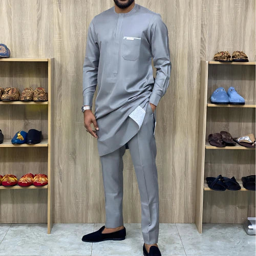 Traje de fiesta africano para hombre, conjunto de dos piezas, cuello redondo, mangas largas, bolsillo, empalme, top y pantalones, ropa de verano africana, atuendos sencillos de caballero
