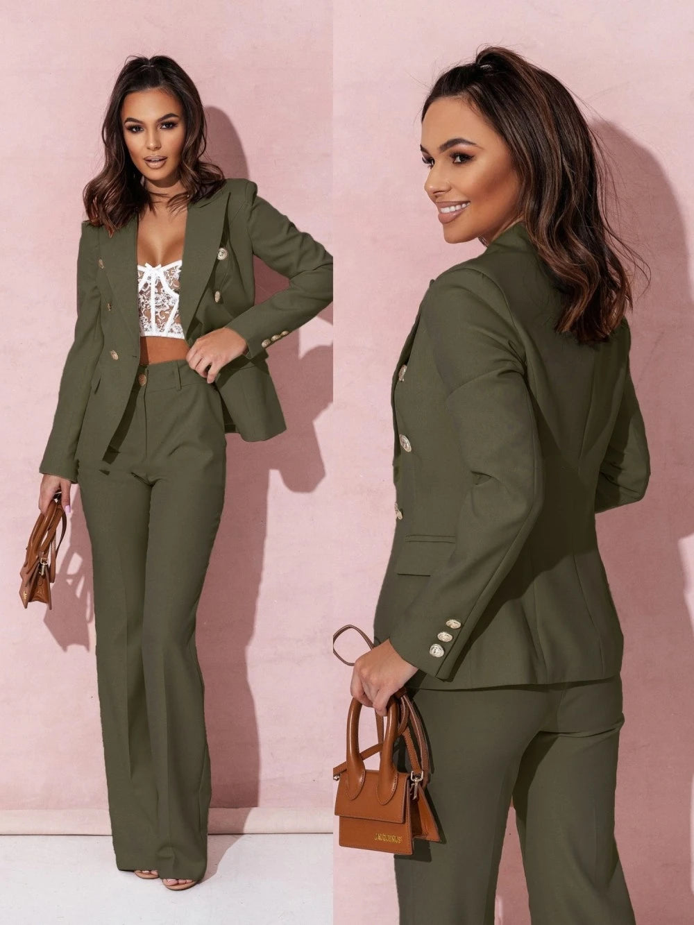 Hot salg 2-delte buksedresser for kvinner Cropped Blazerjakker og høylivede rette benbukser Sett med uformelle forretningsantrekk