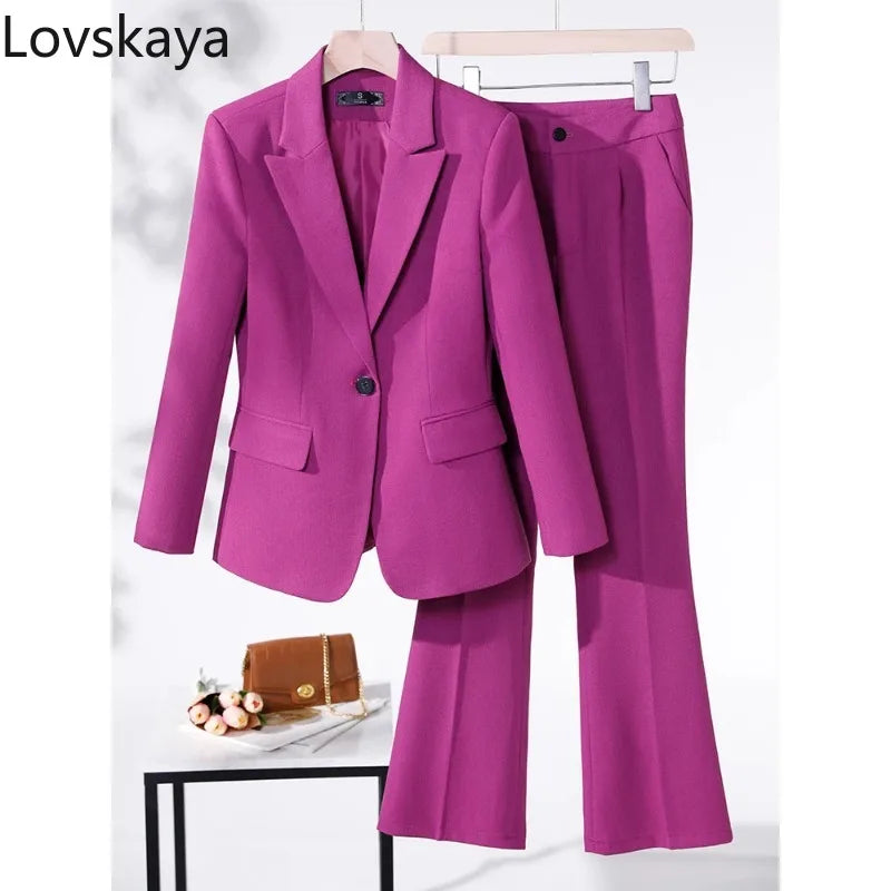 Conjunto de trabajo de negocios de 2 piezas, blazer de manga larga y pantalón de mujer, traje formal en morado, azul, rojo y negro