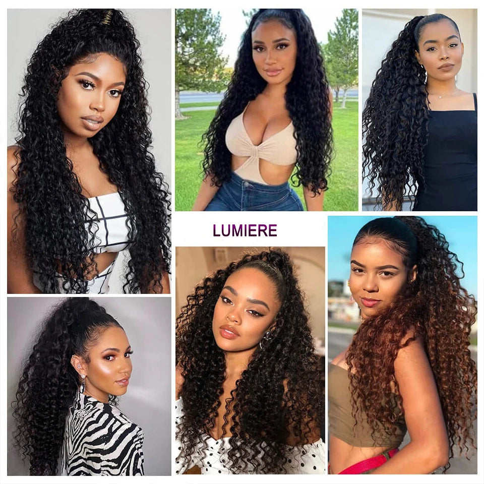Ponytail Human Hair Extensions Afro Kinky Deep Water Curly Wave Wrap Around Drawstring 100% Virgin Human Hair Ponytail Extension