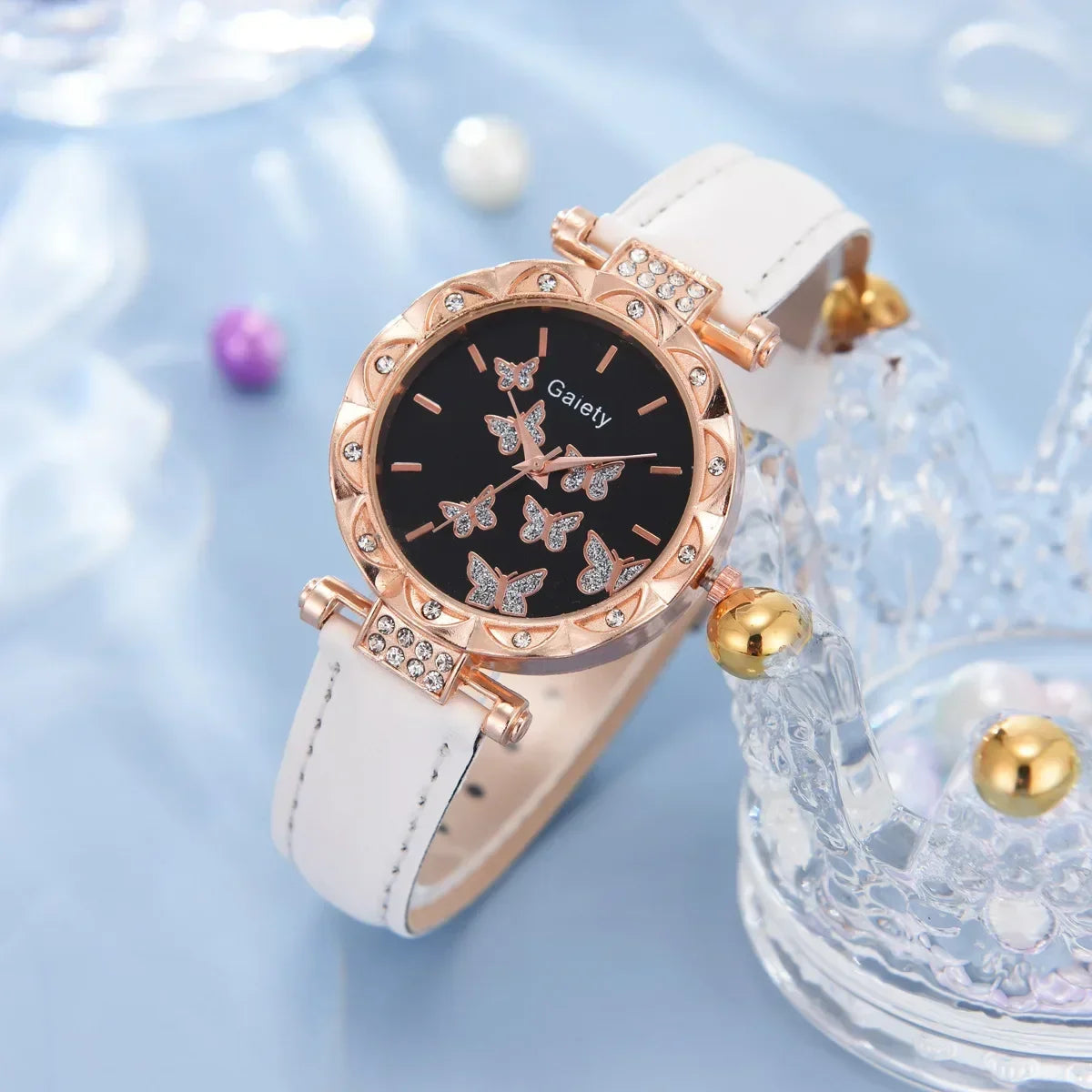Conjunto de Reloj, Anillo, Collar, Pendientes y Pulsera para Mujer Relojes de Mariposa con Correa de Cuero reloj de señora relogios feminino reloj mujer