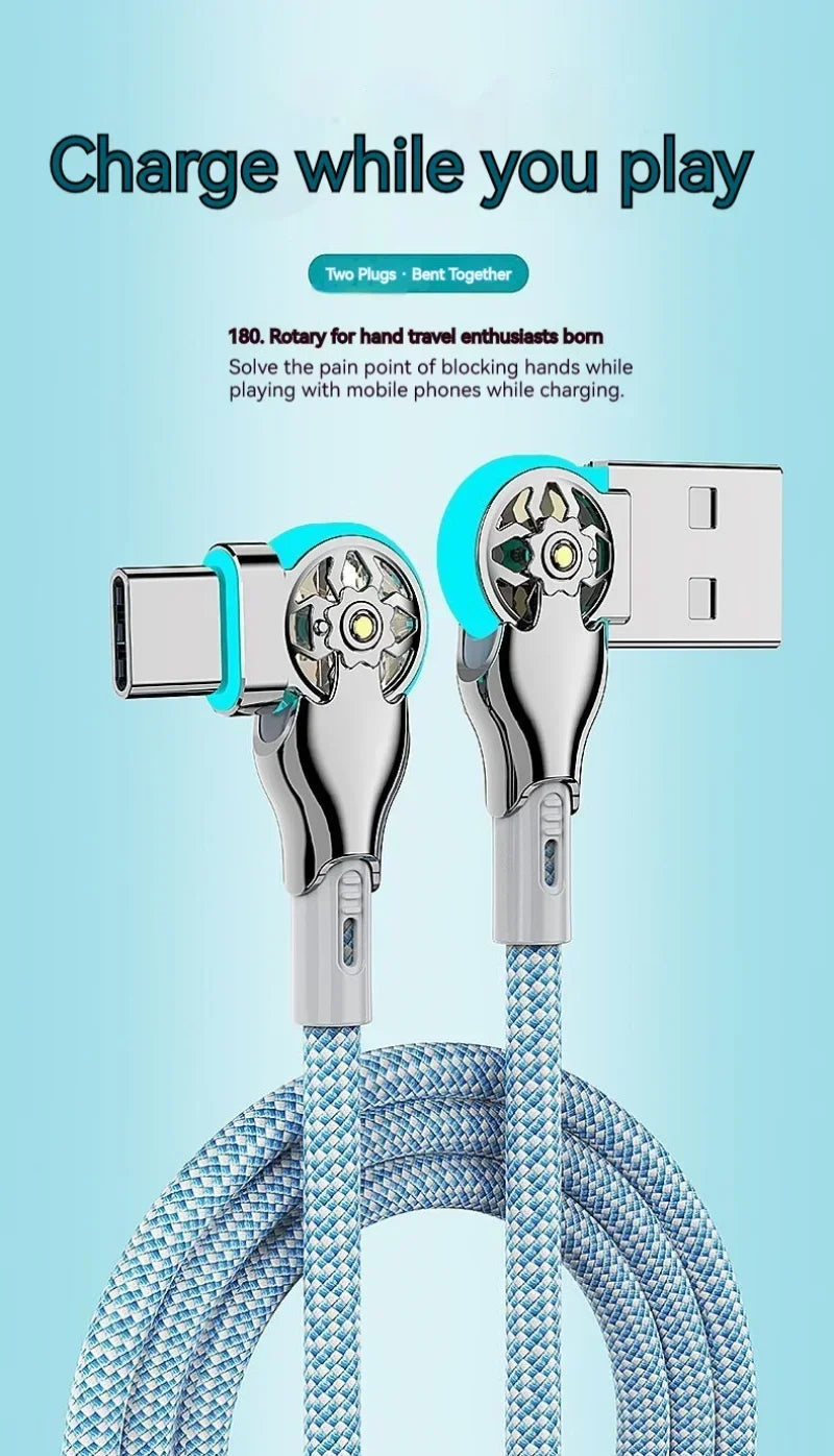 Cable de carga rápida con rotación dual de 180° Tipo C Micro USB Cargador con luz Aleación de zinc Cable de datos trenzado para Android iPhone