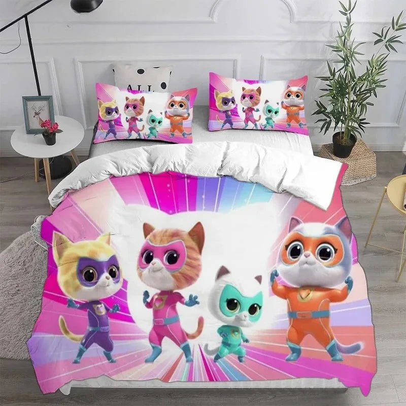 Juego de ropa de cama de Super Kitties Kittydale, juego de accesorios de cama de gato de dibujos animados, juego de funda nórdica para niños, juego de edredón, regalos de cumpleaños