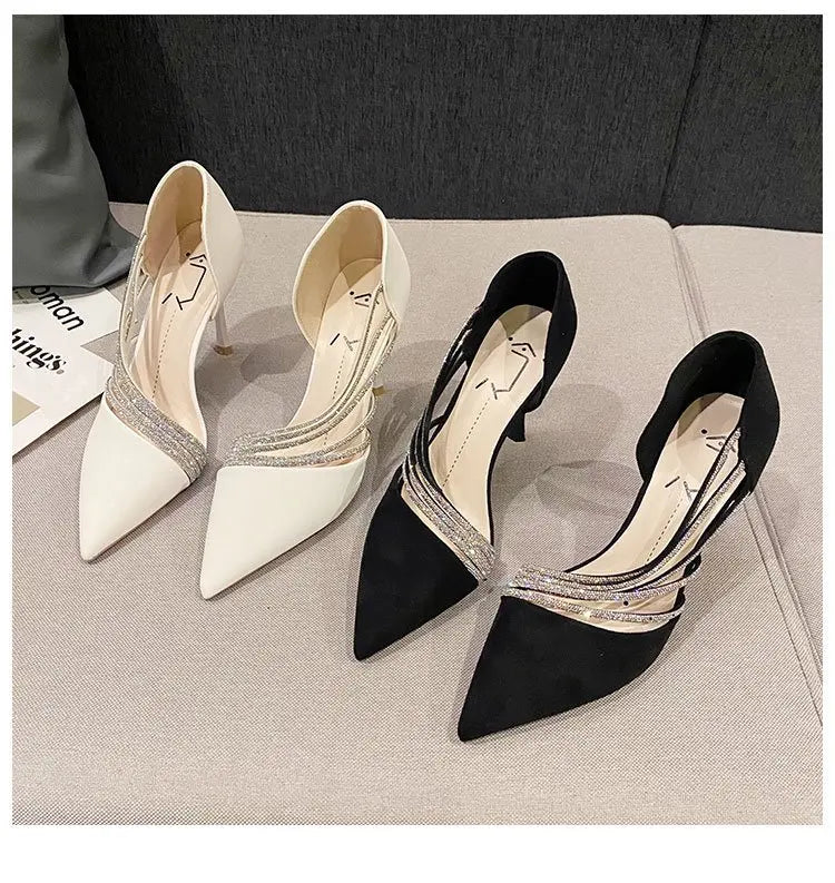 Zapatos de tacón alto para fiesta de noche de mujer, nuevos zapatos de salón elegantes para mujer, de punta, negros, con tiras, para mujer
