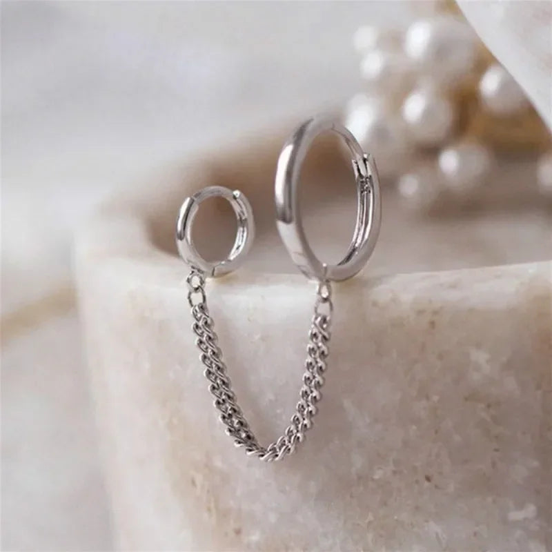 1 pendiente de aro de acero inoxidable con cadena de doble orificio para mujer, accesorios de joyería para la oreja, regalo al por mayor 귀걸이 Aretes