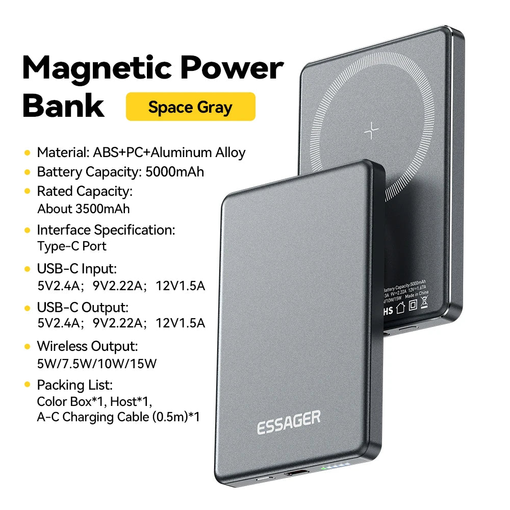 Essager tynn trådløs powerbank magnetisk 20W 5000mAh bærbar hurtiglading eksternt batteri for Magsafe for iPhone 16 15 14 13