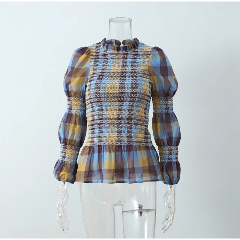 Tops para mujer Vintage a cuadros, elástico, plisado, camiseta informal con cuello redondo, manga larga, dobladillo con volantes, Top, primavera, elegante, para mujer, ropa de calle