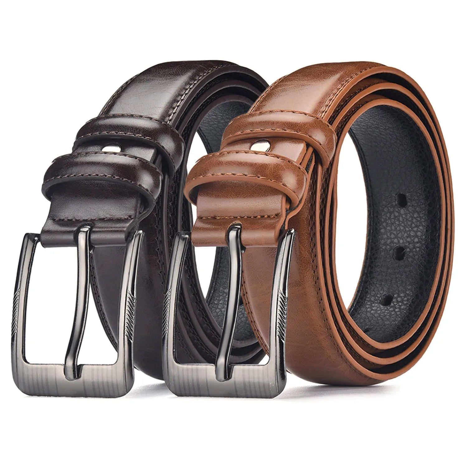 Paquete de 2 cinturones de hebilla de pasador de negocios para hombres | Estilo para el día a día y conjunto de regalo para festivales, cuero auténtico