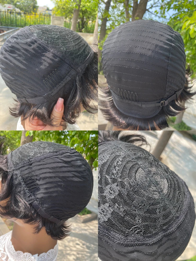 Pelucas de Cabello Humano Peluca Corta Pixie de Cabello Humano para Mujeres Negras Pelucas Hechas a Máquina con Flequillo Peluca Pixie Perruque Cheveux Humain