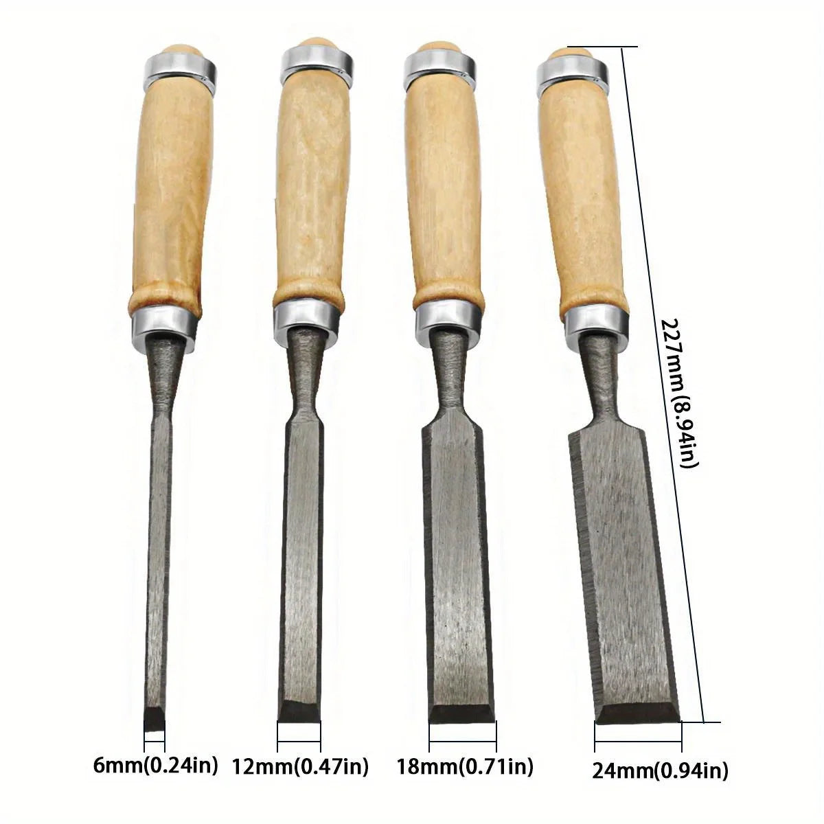 Juego de 4 cinceles para tallar madera de 8/12/16/20 mm, profesional para carpintería con herramientas ergonómicas para tallar madera, herramientas auxiliares de bricolaje