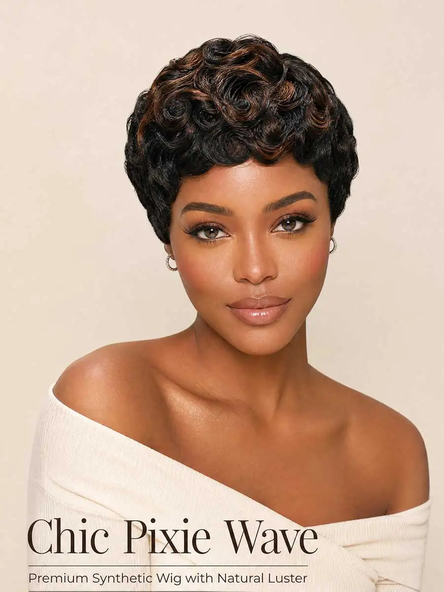 Ombre Brown Highlight Pixie Wave Wig Synthetic Short Finger Bangs Wig Women Daily Office Styling