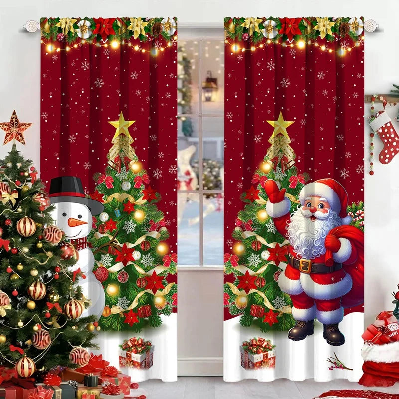 2pcs Christmas Print Curtains Xmas Rod Pocket Window Treatment for Living Room Kitchen Bedroom Christmas Decorations For Home
