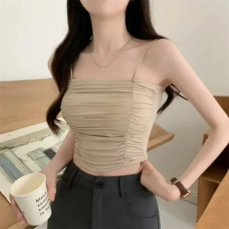 Camisetas sin mangas para mujer, tops sexys, tops de tubo para niñas con tirantes, camisola blanca para mujer, sujetadores acolchados, ropa de mujer, corsé.