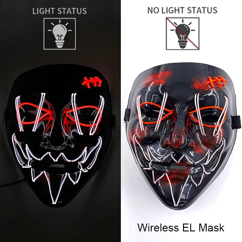 Máscara de purga LED de neón inalámbrica, que brilla en la oscuridad, máscara de cosplay de terror para Halloween, máscaras de fiesta de disfraces, accesorios luminosos divertidos