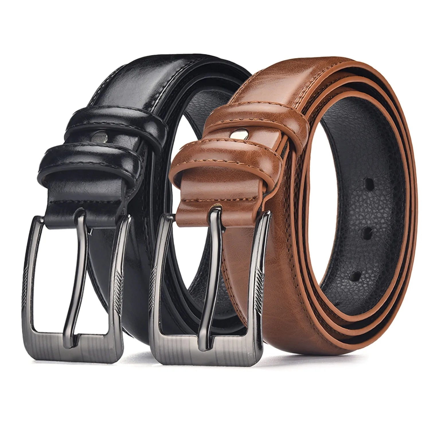 Paquete de 2 cinturones de hebilla de pasador de negocios para hombres | Estilo para el día a día y conjunto de regalo para festivales, cuero auténtico