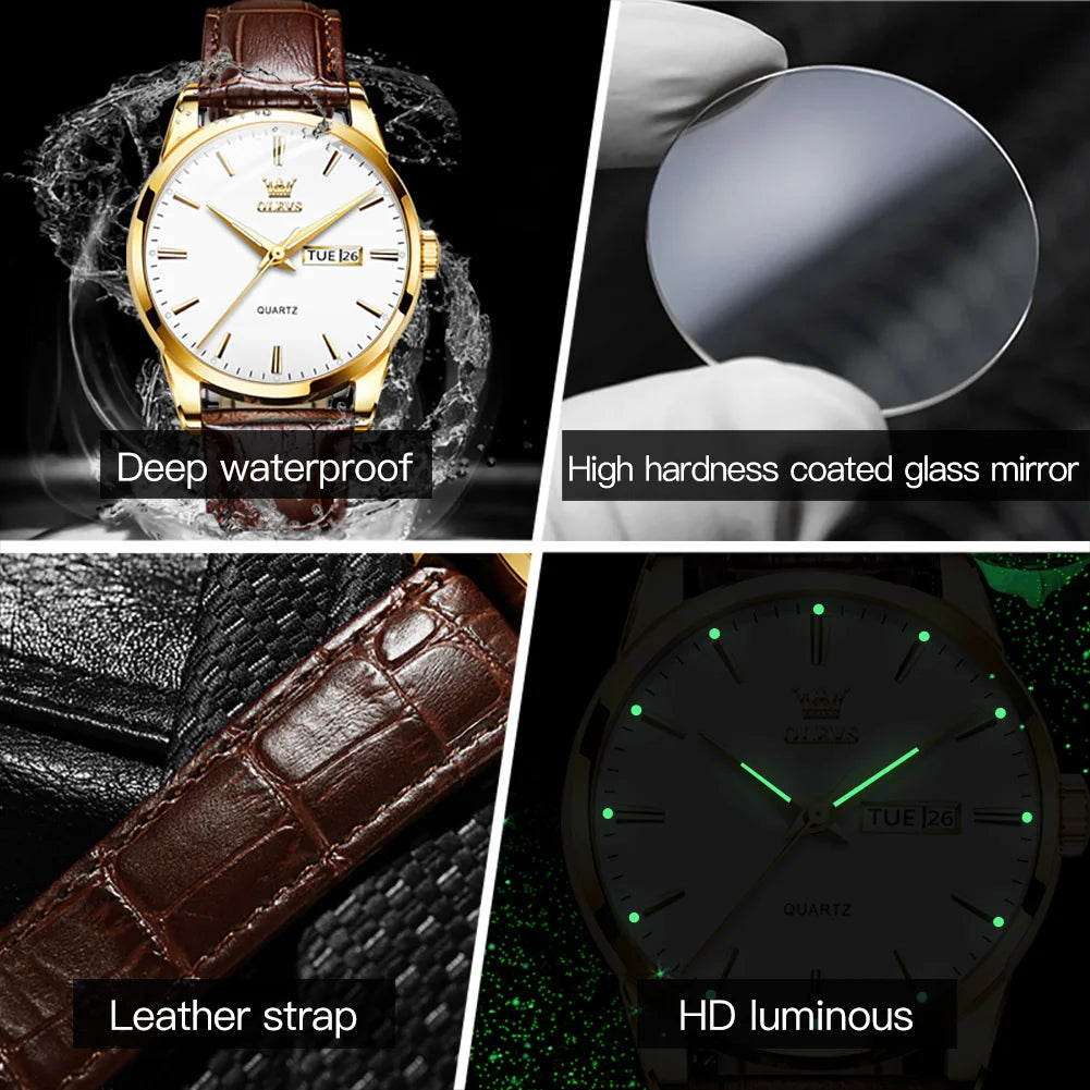 OLEVS 6898 Reloj de Mujer Original de Moda Reloj de Pulsera de Cuarzo Impermeable con Correa de Cuero Luminosa Doble Calendario Reloj de Señora