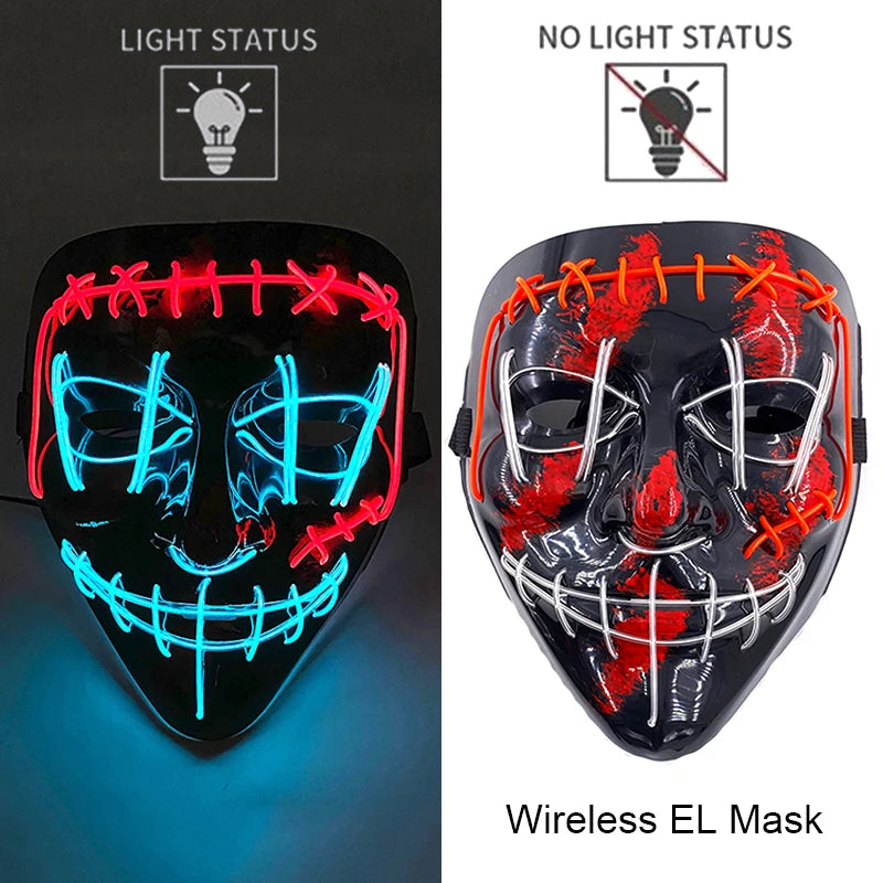 Máscara de purga LED de neón inalámbrica, que brilla en la oscuridad, máscara de cosplay de terror para Halloween, máscaras de fiesta de disfraces, accesorios luminosos divertidos