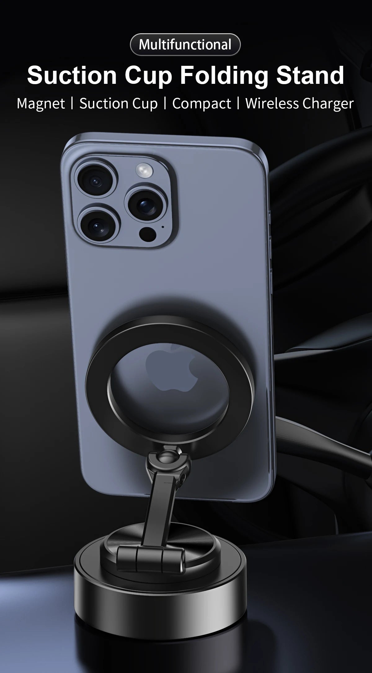 Support de téléphone de voiture double face, support d'adsorption magnétique sous vide avec chargeur sans fil, support de téléphone de voiture rotatif à 360 degrés