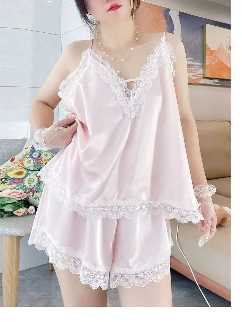 Conjuntos de pijama Y2K para mujer, ropa de hogar sexy de verano, talla grande, de seda fresca, suelta, elegante, con cuello en V y encaje, conjunto de dos piezas