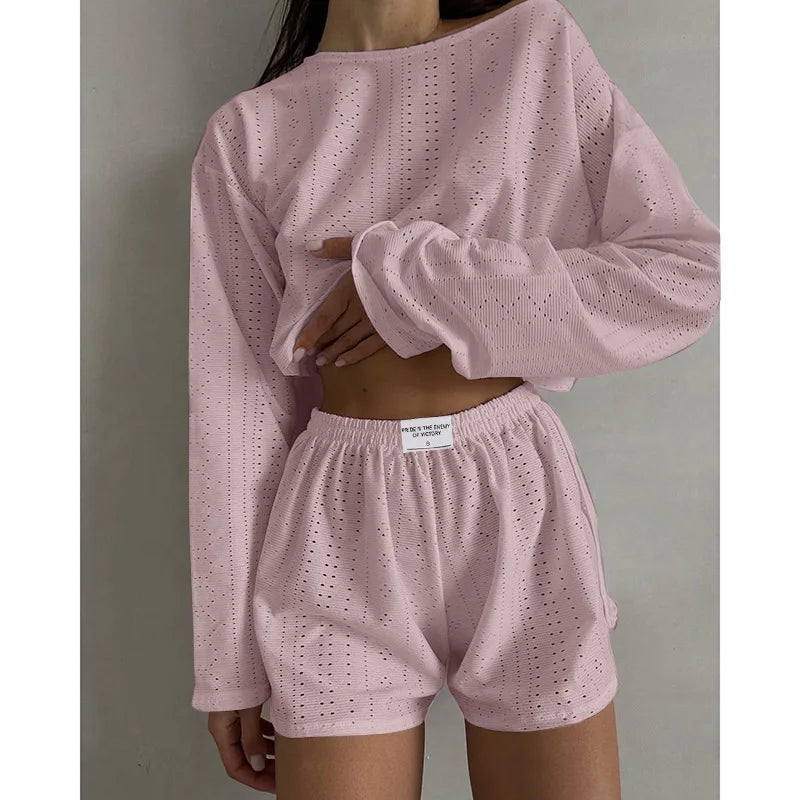 Conjunto de pijama para mujer, ropa de dormir, ropa de descanso, otoño, suave y cómodo, tops de manga larga con pantalones cortos, pijama de mujer, ropa de casa, 2 piezas
