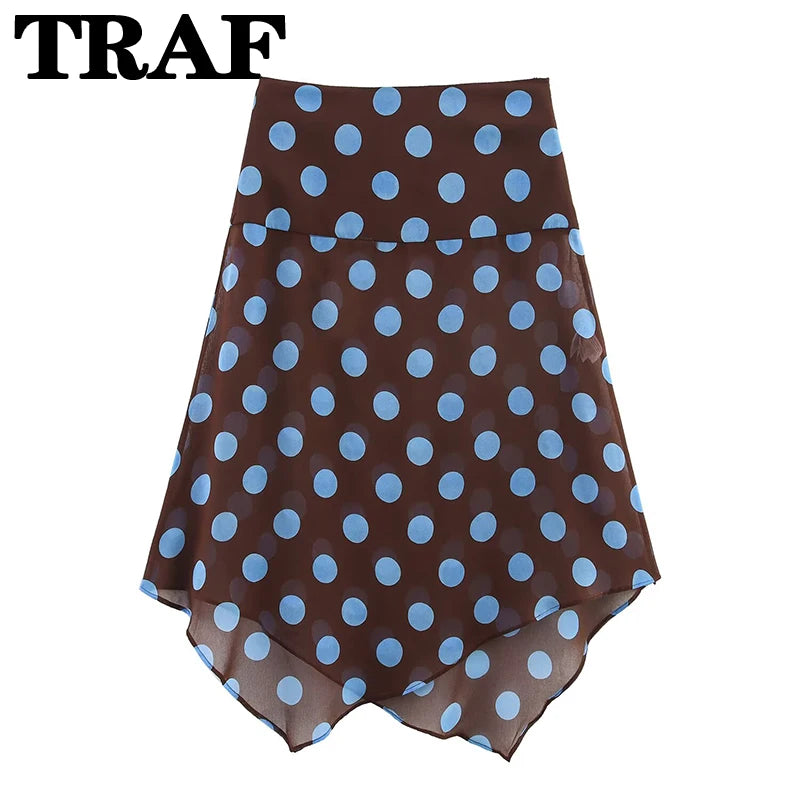 TRAF Faldas Midi Estampadas de Lunares Conjuntos de Dos Piezas para Mujer Trajes Chic de Top Halter con Pañuelo de Verano Conjuntos de 2 Piezas para Mujer de Playa