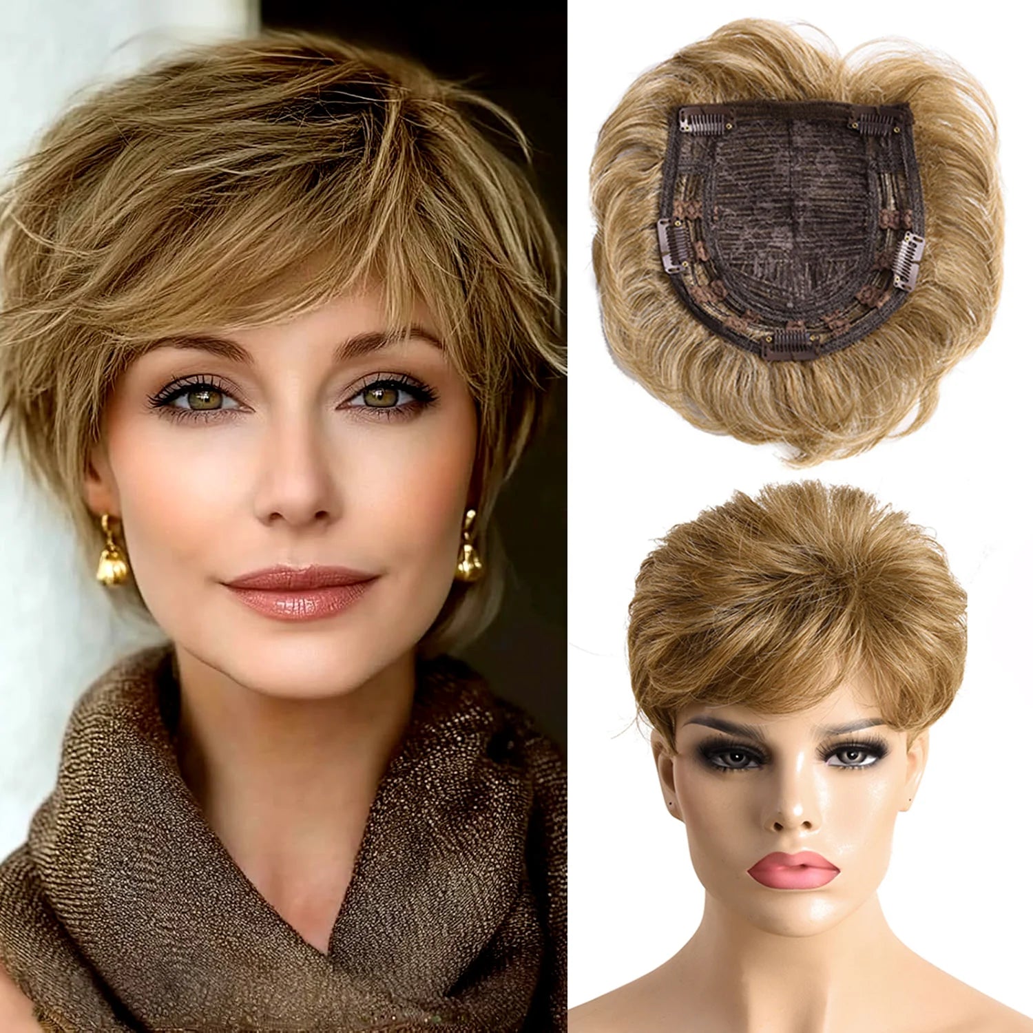 Synthetic Hair Topper Pieces for Thinning Hair Natural Curly Texture 6 Inch Short Pixie Cut Toppers Hair Wigs for Women