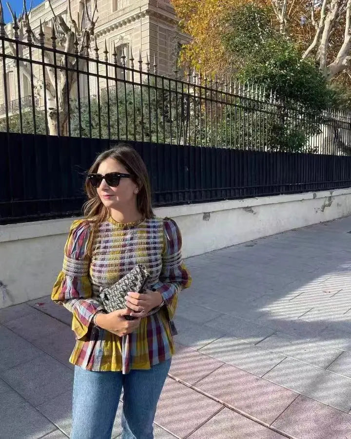 Tops para mujer Vintage a cuadros, elástico, plisado, camiseta informal con cuello redondo, manga larga, dobladillo con volantes, Top, primavera, elegante, para mujer, ropa de calle