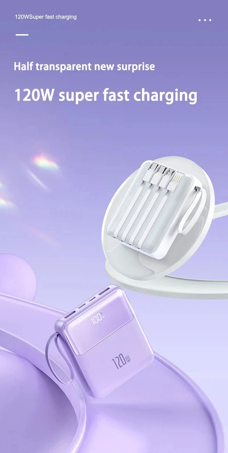 Bærbar powerbank 50000mAh 120W superrask lading mobil eksternt batteri med fire kabler lader egnet for iPhone Xiaomi