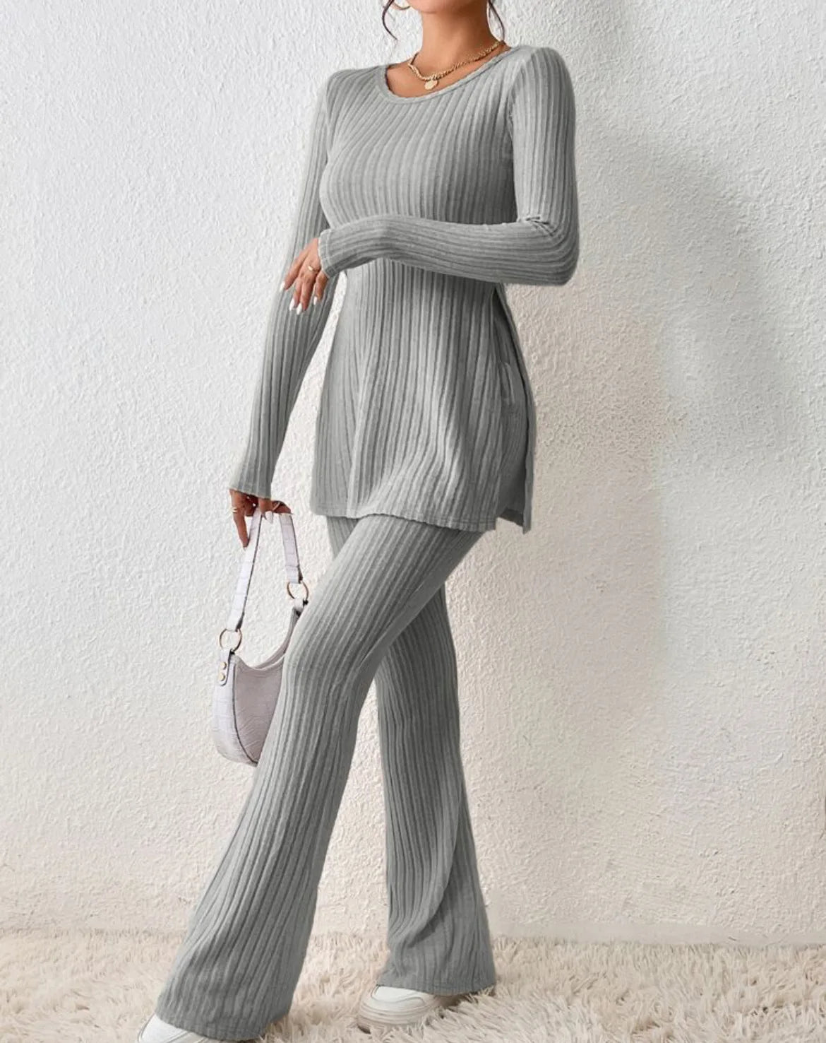 Ropa de Mujer Otoño Invierno Nuevo Estilo Color Sólido Sexy Casual Manga Larga Cuello Redondo Rajado Moda Temperamento Conjunto de Dos Piezas