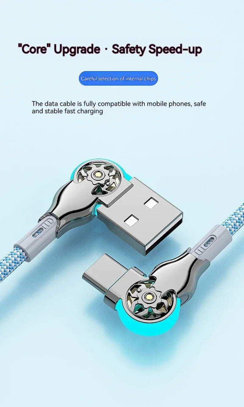 Cable de carga rápida con rotación dual de 180° Tipo C Micro USB Cargador con luz Aleación de zinc Cable de datos trenzado para Android iPhone