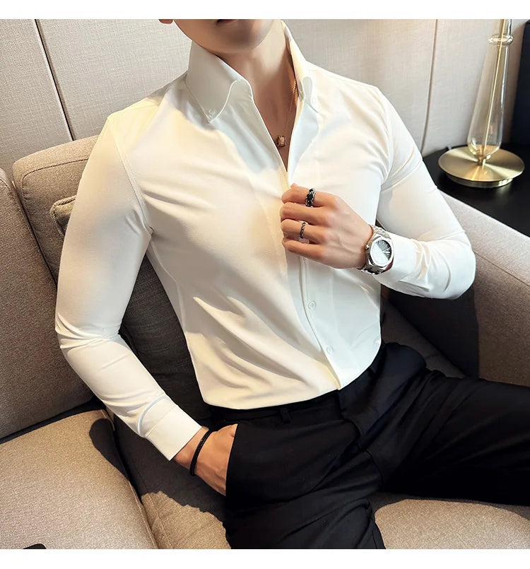 Camisa de vestir de hombre Otoño Estilo británico Liso Casual Ajustado Formal Camisas Cuello en V Manga Larga Camisa Ropa de hombre Streetwear