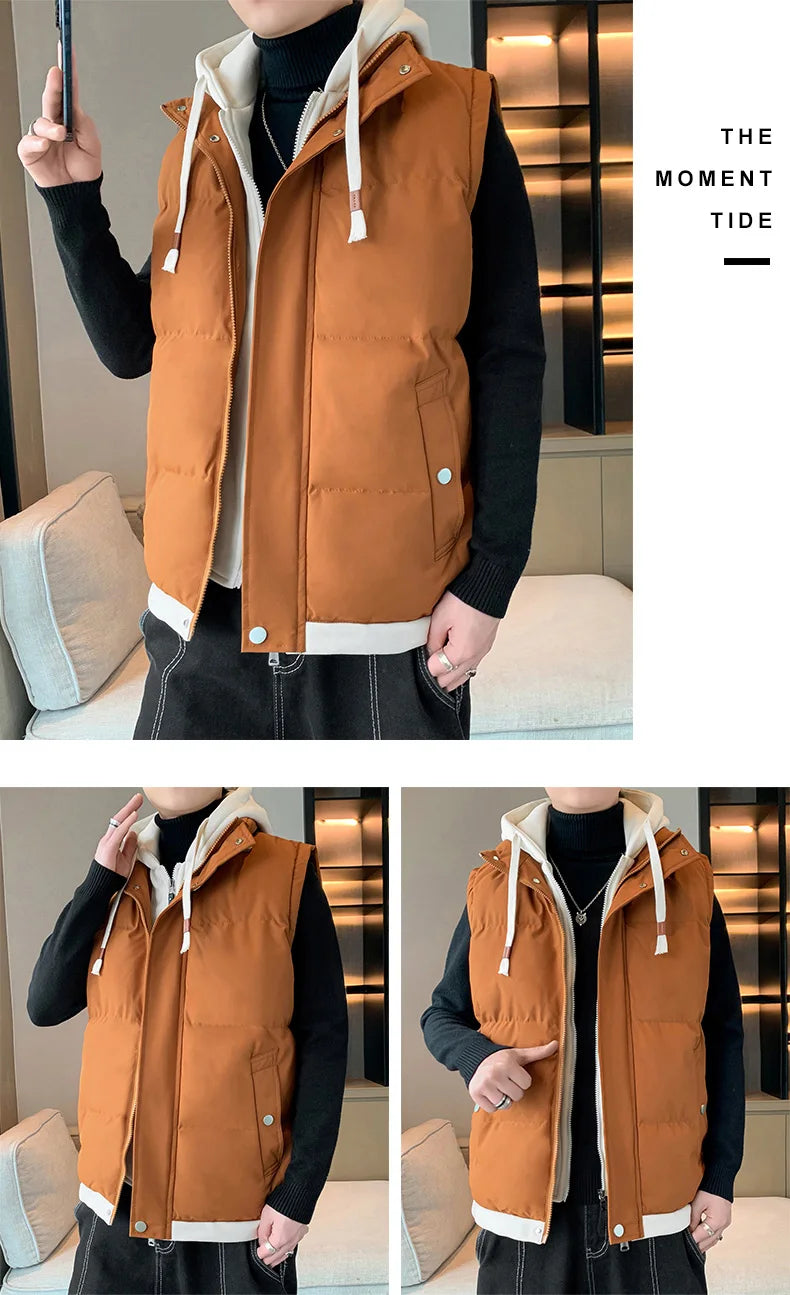Chaleco cortavientos con capucha para hombre, chaqueta sin mangas, chaqueta de invierno, abrigo informal, chaleco grueso de algodón y plumón para hombre, abrigo grueso