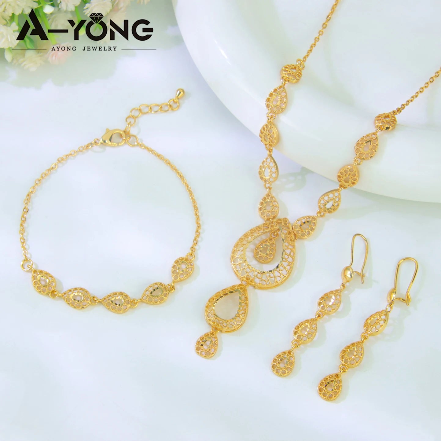 Juego de joyas de boda de lujo de Dubái, chapado en oro de 21k, collar, pulsera y pendientes de oro nupcial árabe, joyería vintage para mujer brasileña