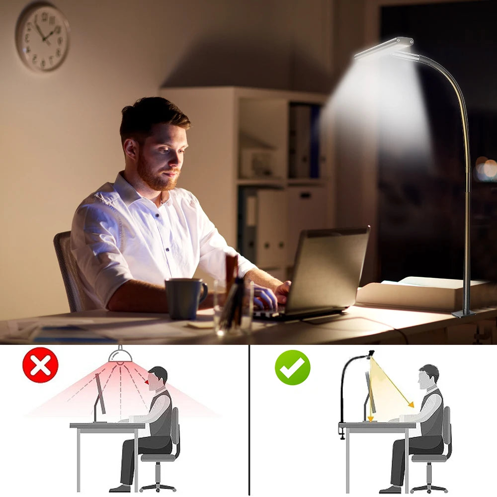 Lámpara de escritorio LED de oficina para el hogar, doble cabezal, atenuación continua, luces de lectura que cuidan la vista, 3 modos de color, lámparas de mesa de PC ajustables y flexibles