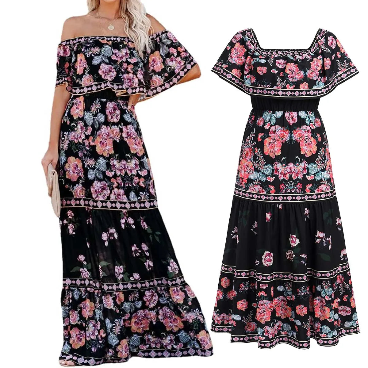 Vestido mexicano tradicional étnico mexicano del Cinco de Mayo con estampado floral de verano y hombros descubiertos para mujer