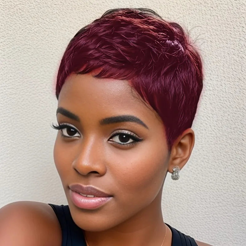 99J Pixie Cut Human Hair Wig – Short Straight Layered Remy Wig